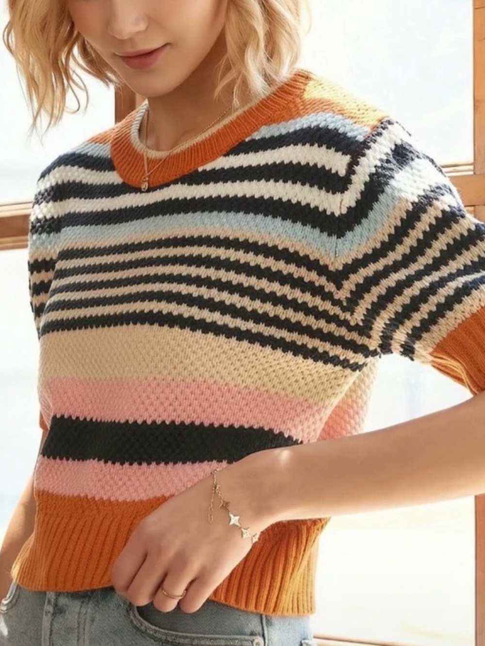 Striped Short-Sleeve Knit Sweater in Rust, Pink, Cream, Black